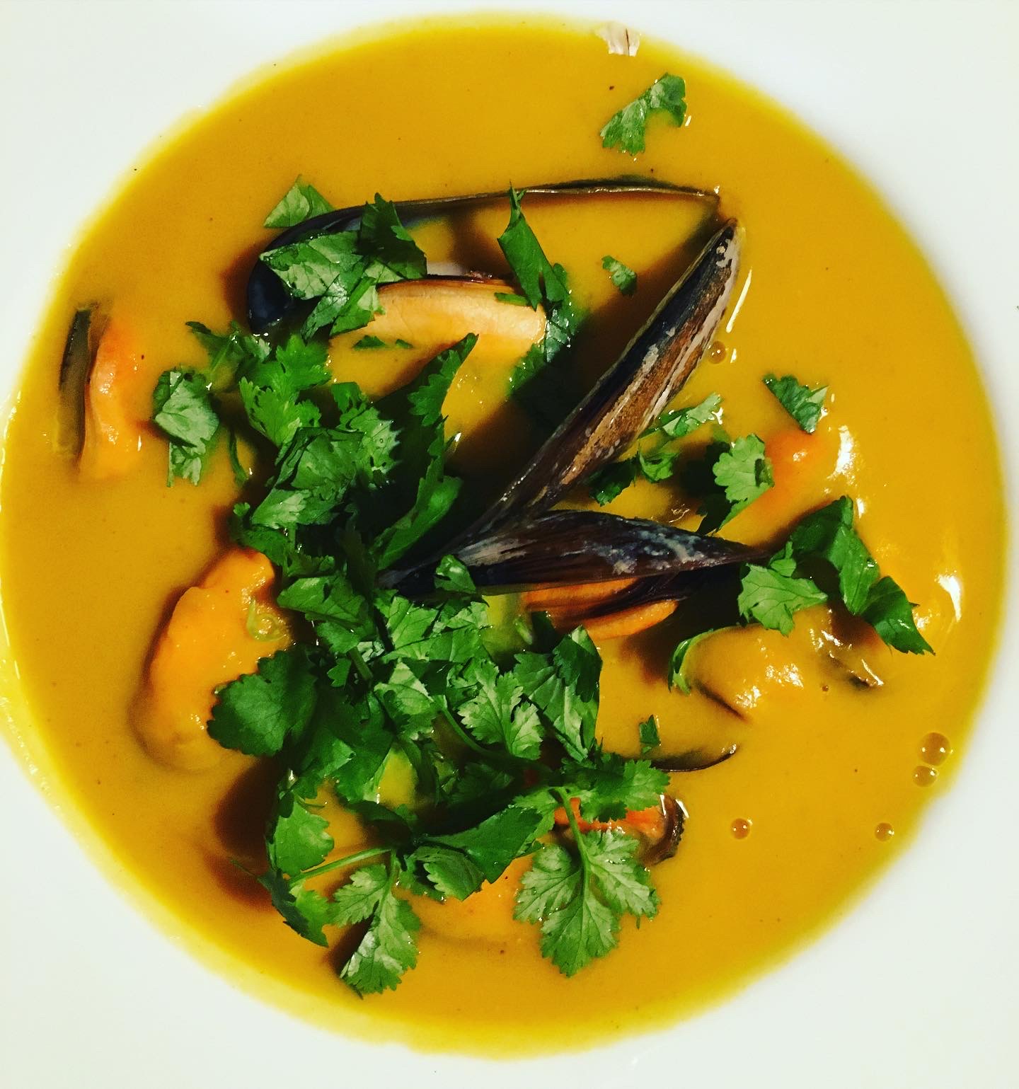 a bowl of pumpkin soup with mussels
