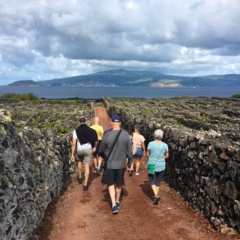 a group of people standing on a rocky path