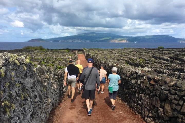 a group of people standing on a rocky path