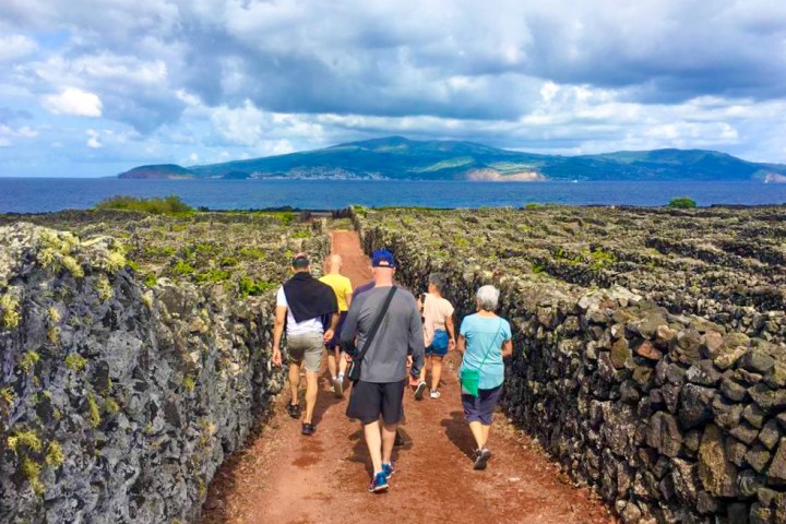 a group of people standing on a rock wall