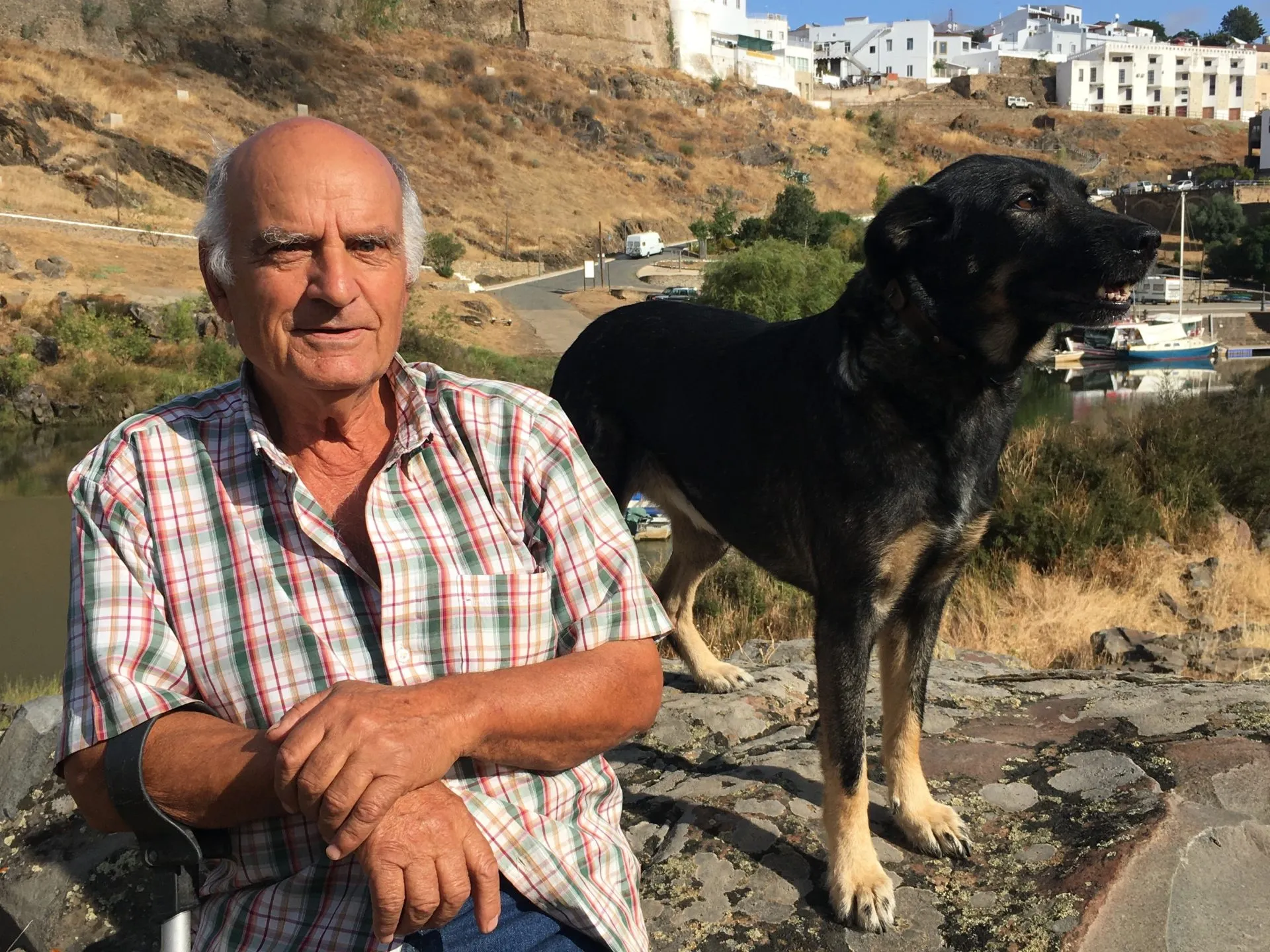 a man and a dog sitting on a rock