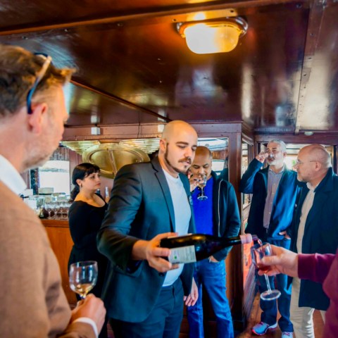 a group of people standing in a room