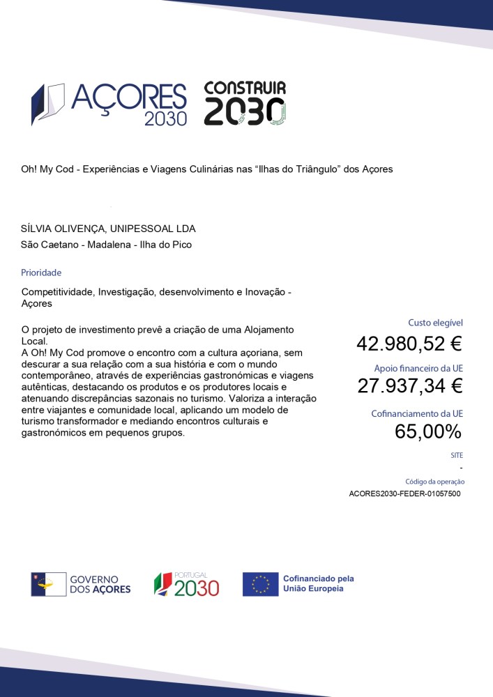 A document titled 'Açores 2030' about cultural and culinary experiences in the Azores, with financial details.
