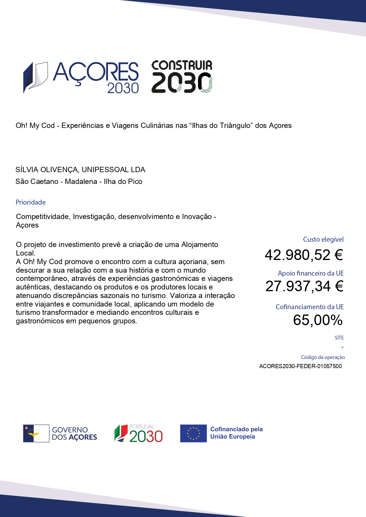 A document titled 'Açores 2030' about cultural and culinary experiences in the Azores, with financial details.