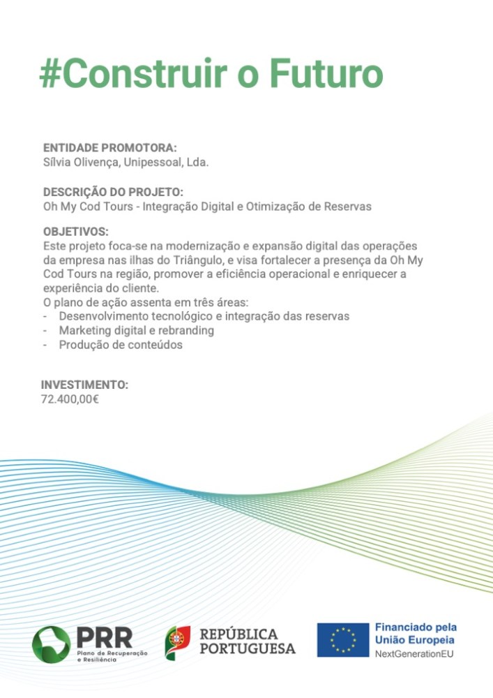 Text in Portuguese about a digital project with EU and Portugal logos at the bottom.