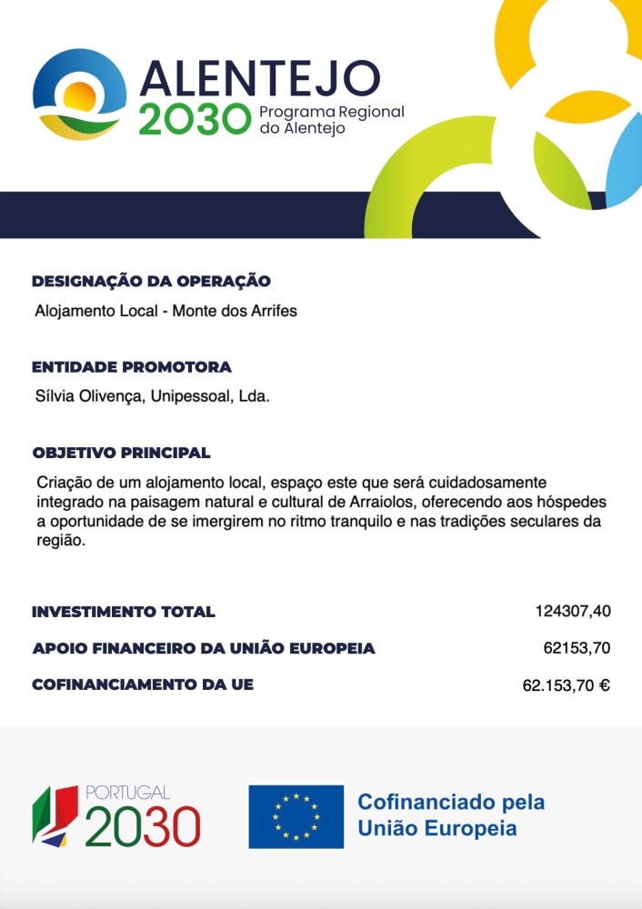 Alentejo 2030 program document, detailing local accommodation project funding and objectives.