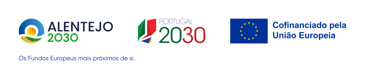 Logos for Alentejo 2030, Portugal 2030, EU co-financing, with a phrase in Portuguese.