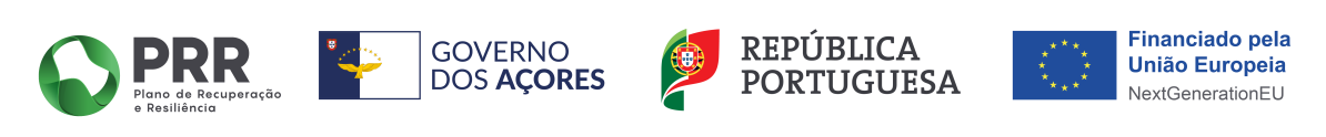 Logos of PRR, Azores Government, Portuguese Republic, and EU funding with text in Portuguese.