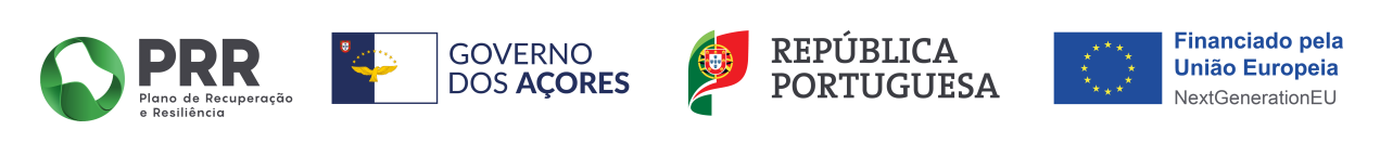 Logos of PRR, Azores Government, Portuguese Republic, and EU funding with text in Portuguese.