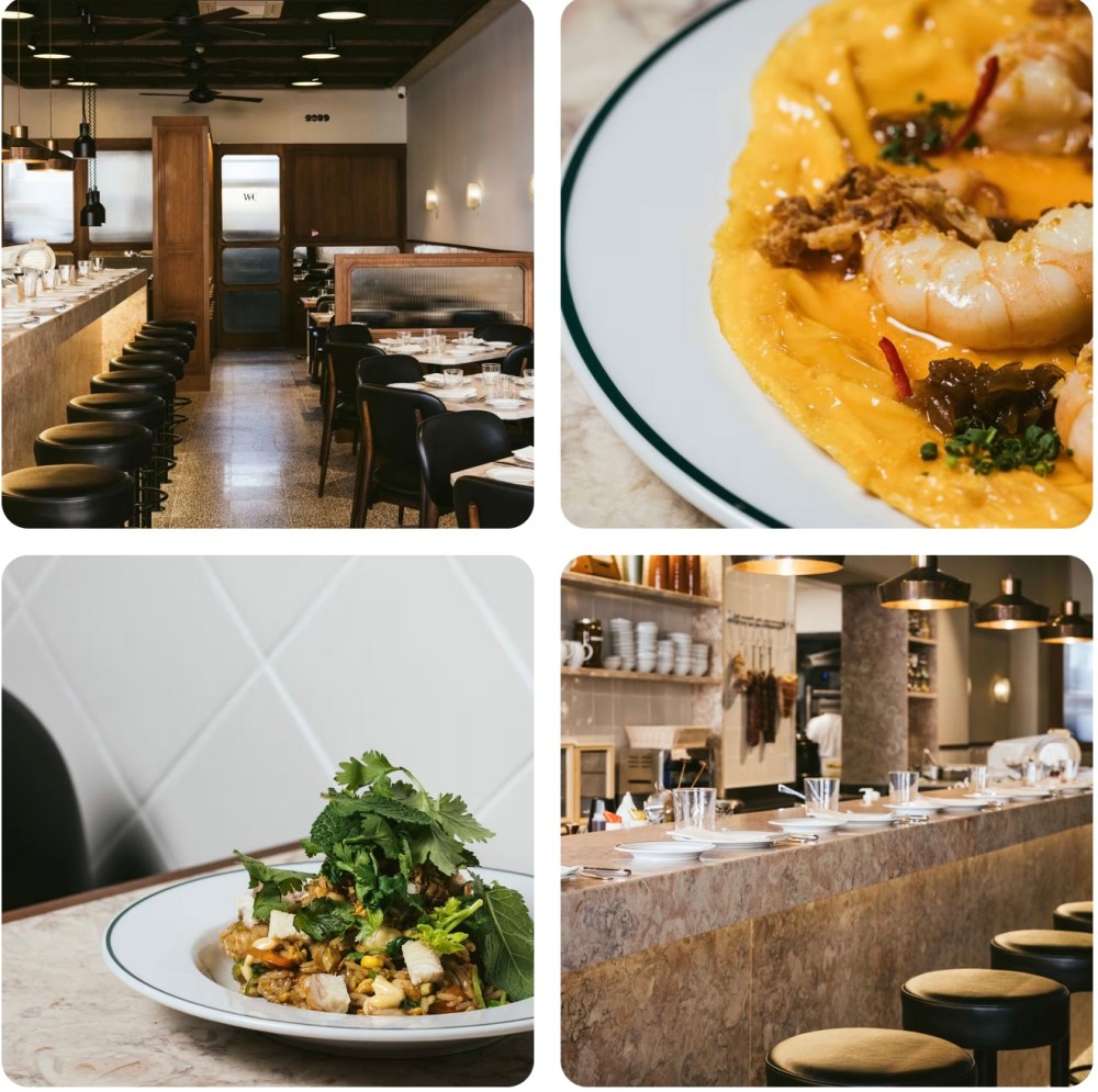 Collage of a restaurant interior and close-up photos of two dishes on plates.