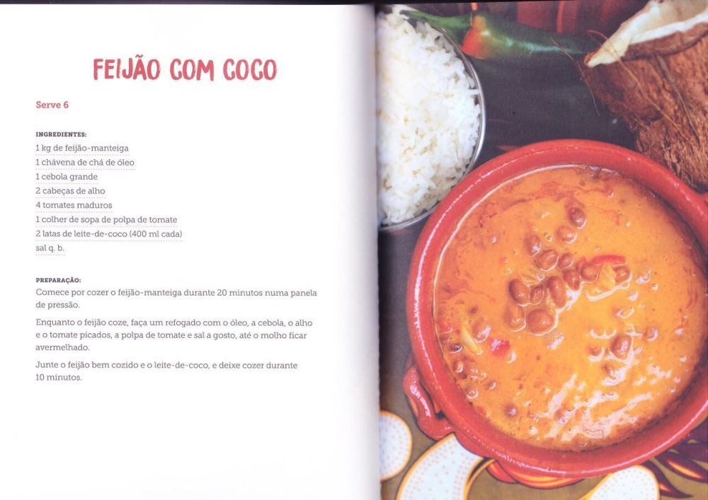 Recipe for 'Feijão com Coco' with illustration of coconut bean stew in a red pot and rice on the side.