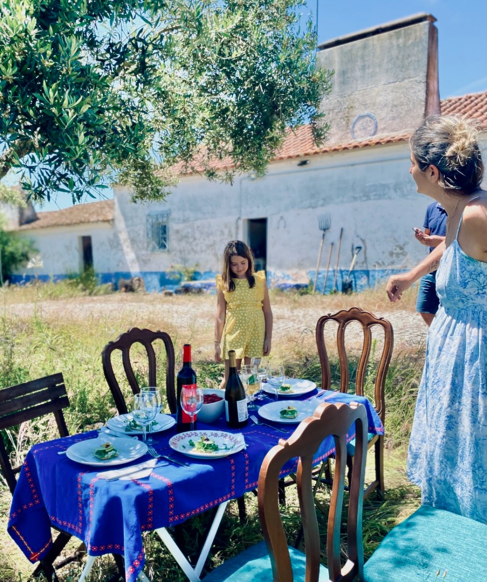 Outdoor dining setup with table, blue cloth, plates, wine bottles; woman and girl near rustic house.
