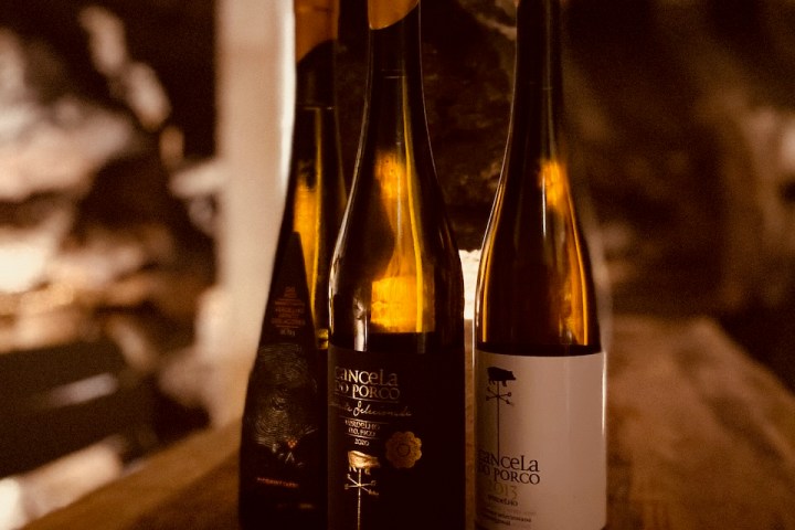 Three wine bottles on a wooden surface in dim lighting.