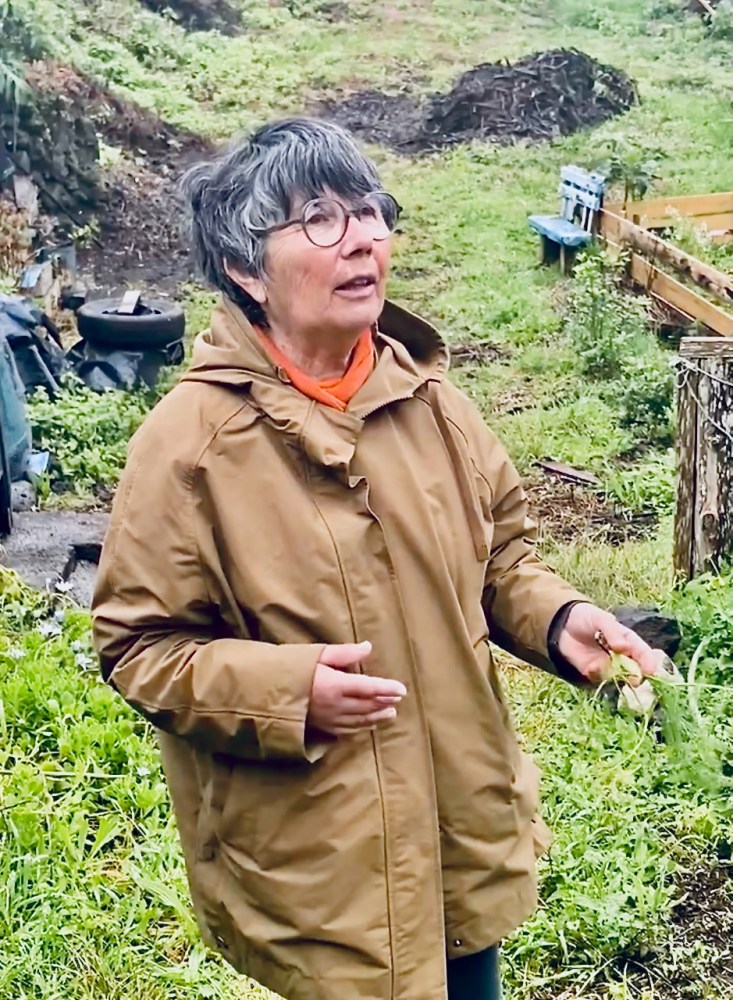 Person in a brown coat holding plants, standing in a grassy outdoor area.
